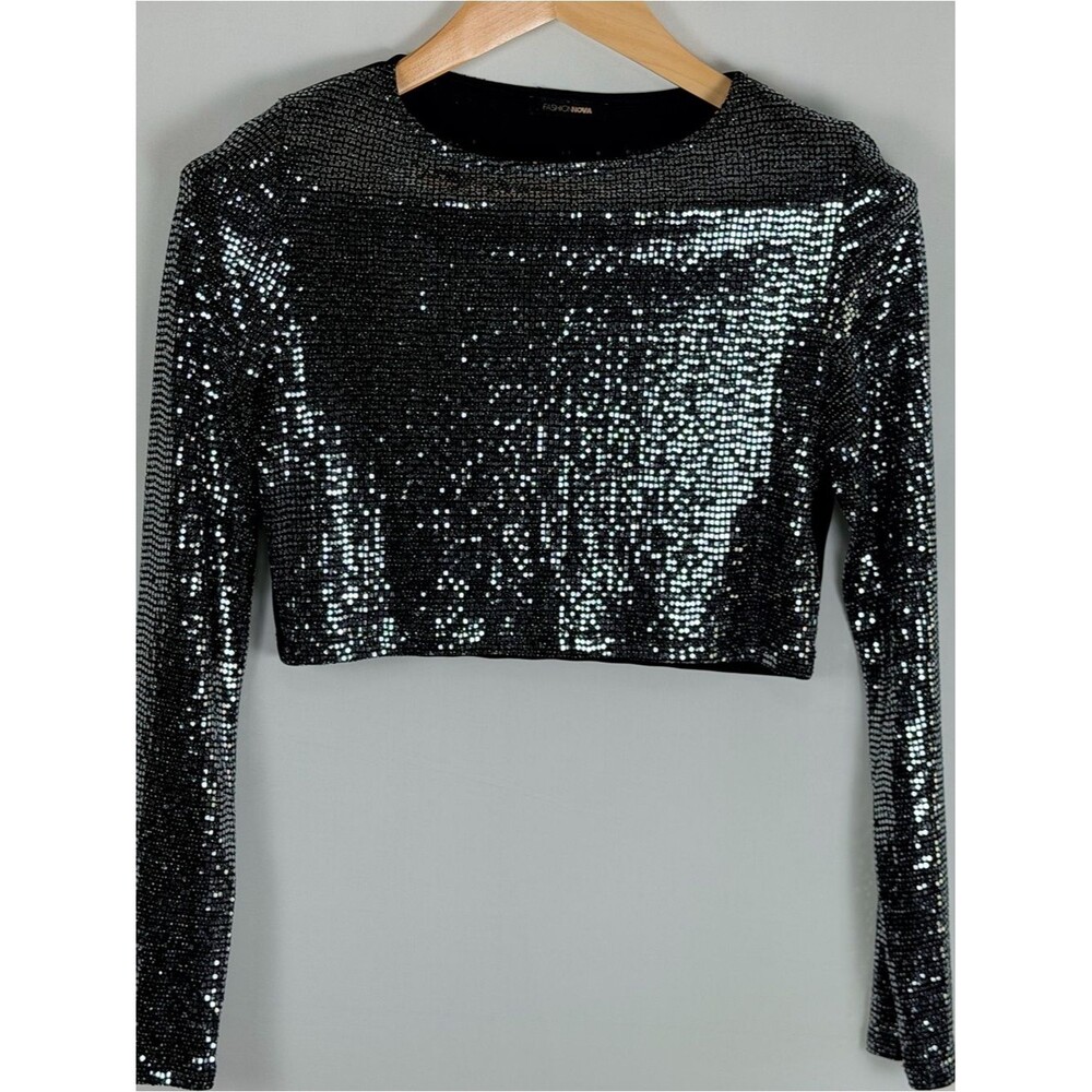 Fashion Nova Black Sequin Crop Top Long Sleeve Party Club Y2K Glam XL